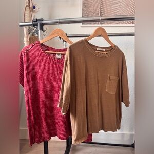 Free People - Casual Washed Olive Green Tee & Red T-Shirt - TWO
